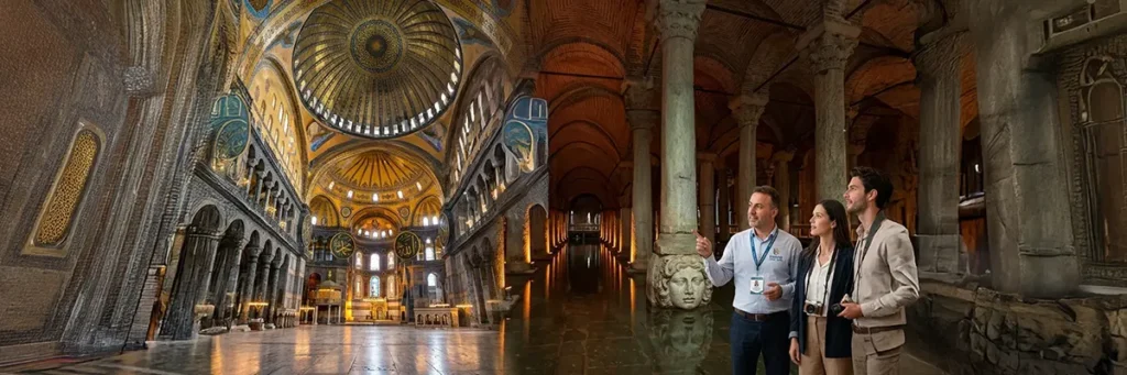 Historical Tour through Istanbul featuring the Basilica Cistern with a professional Sultanahmet Guide exploring Byzantine History Tour landmarks, imperial monuments, ancient city excursion routes, subterranean cistern architecture, Yerebatan Sarnici visit highlights, Constantinople historical tour attractions, early Christian heritage walk sites, and Byzantine Empire sightseeing in Istanbul’s Old City.