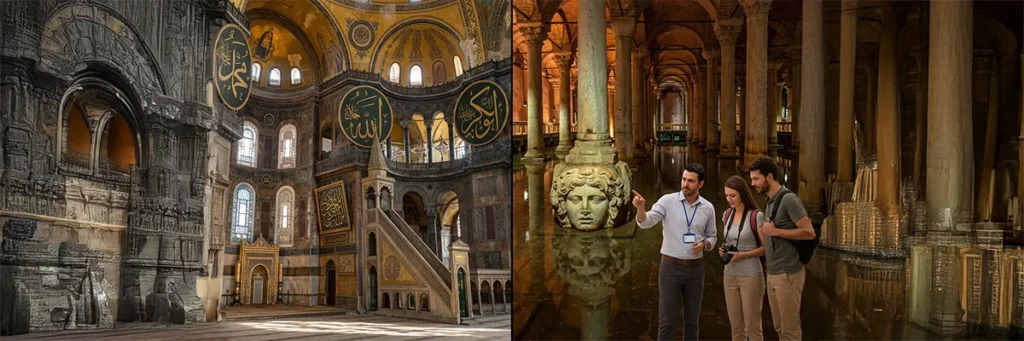 Historical Tour through Istanbul featuring the Basilica Cistern with a professional Sultanahmet Guide exploring Byzantine History Tour landmarks, imperial monuments, ancient city excursion routes, subterranean cistern architecture, Yerebatan Sarnici visit highlights, Constantinople historical tour attractions, early Christian heritage walk sites, and Byzantine Empire sightseeing in Istanbul’s Old City.